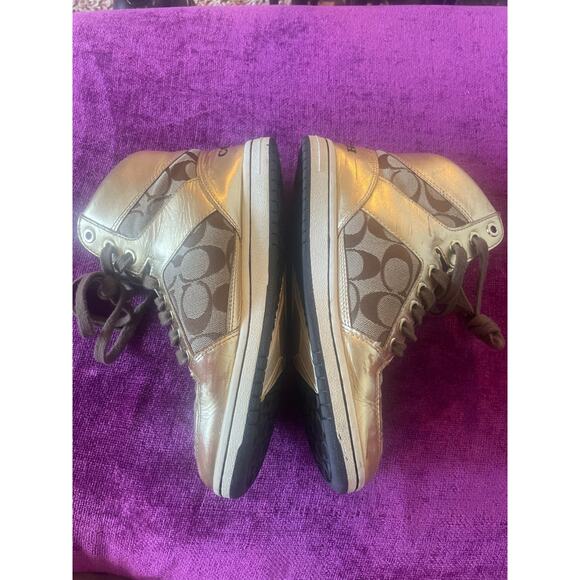 COACH Norra High Top Sneakers Gold Shoes Lace Up Size 7 Leather Canvas - Picture 8 of 9